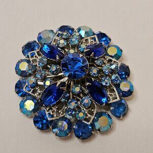 Silver Tone Metal Blue Rhinestone Brooch Round Dome Shape Pin Unmarked